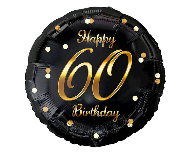 Balon foliowy okrągły 60 Birthday czarny - złoty napis 36cm 