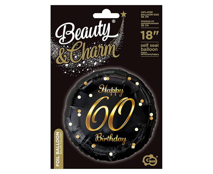 Balon foliowy okrągły 60 Birthday czarny - złoty napis 36cm 
