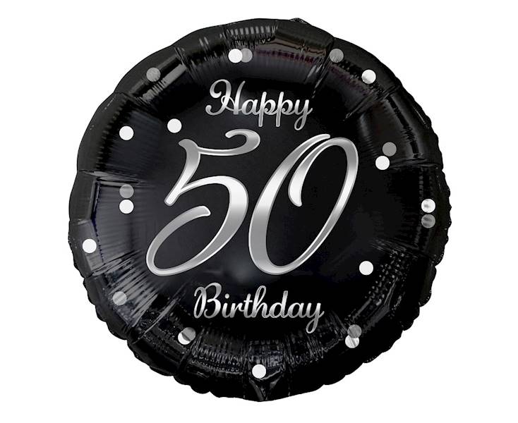 Balon foliowy okrągły 50 Birthday czarny - srebrny napis 36cm 
