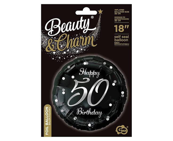 Balon foliowy okrągły 50 Birthday czarny - srebrny napis 36cm 