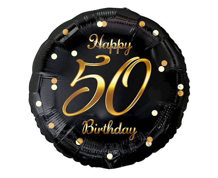 Balon foliowy okrągły 50 Birthday czarny - złoty napis 36cm 