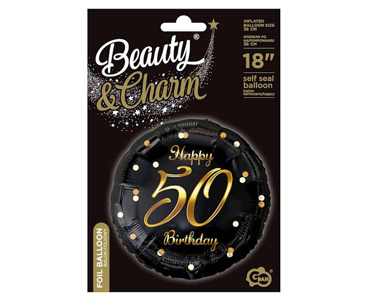 Balon foliowy okrągły 50 Birthday czarny - złoty napis 36cm 