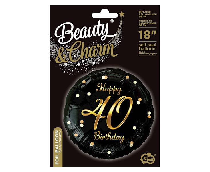 Balon foliowy okrągły 40 Birthday czarny - złoty napis 36cm 