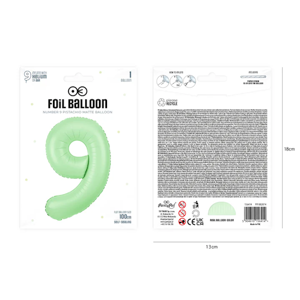 Balon foliowy cyfra 9 zielona pistacjowa 100cm 156414