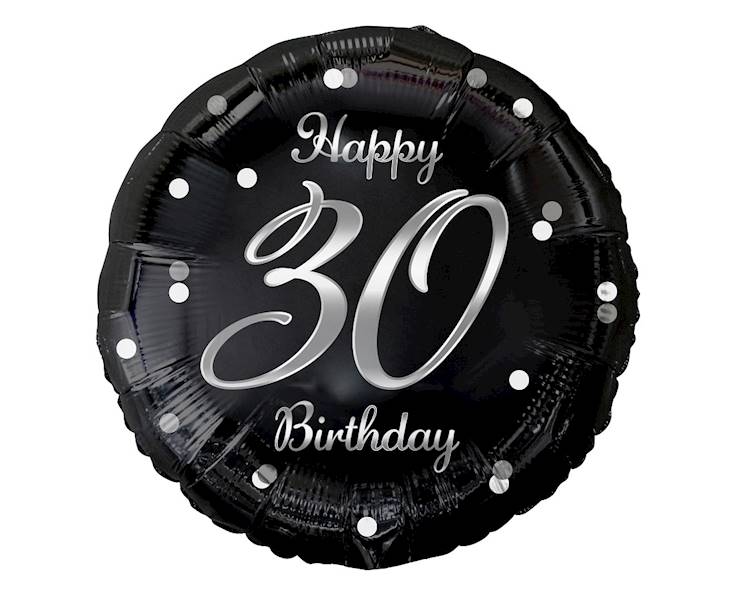 Balon foliowy okrągły 30 Birthday czarny - srebrny napis 36cm 