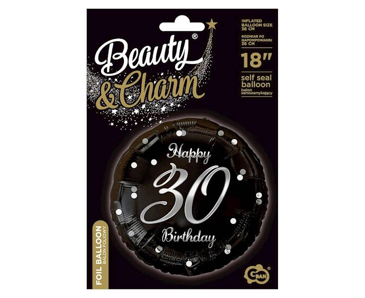 Balon foliowy okrągły 30 Birthday czarny - srebrny napis 36cm 
