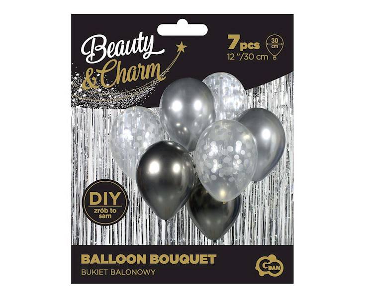 Balony bukiet balonowy srebrno grafitowy 7 szt 12"