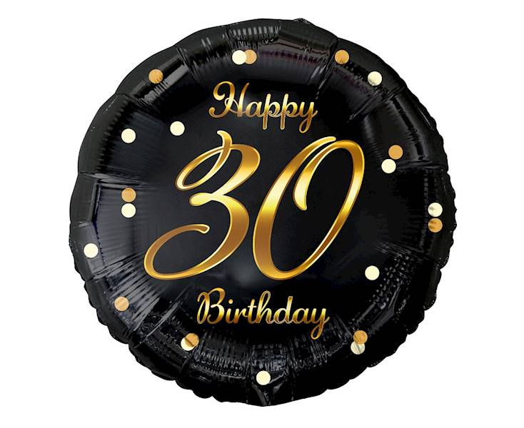 Balon foliowy okrągły 30 Birthday czarny - złoty napis 36cm 