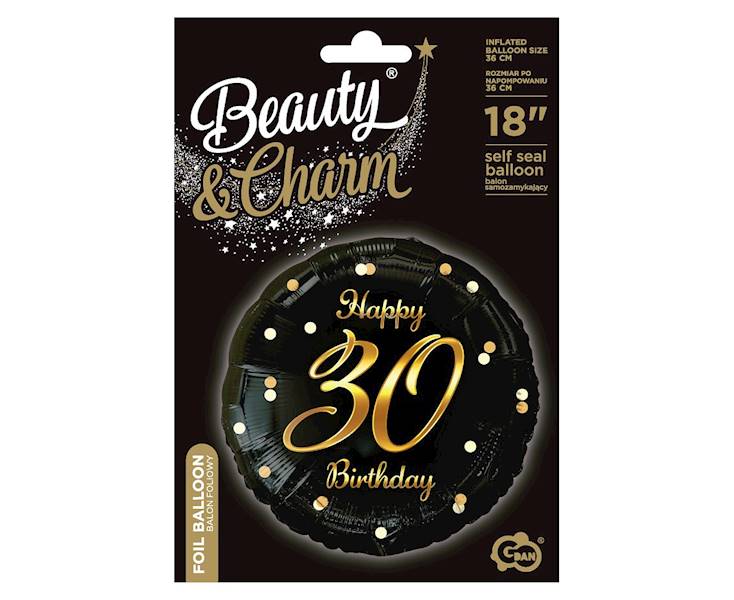 Balon foliowy okrągły 30 Birthday czarny - złoty napis 36cm 