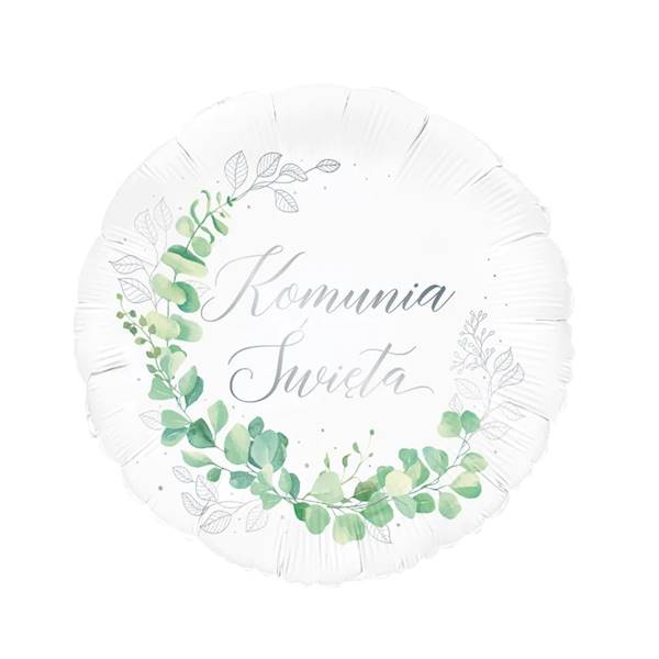 Balon foliowy okrągły Komunia Święta srebrna eukaliptus 131909