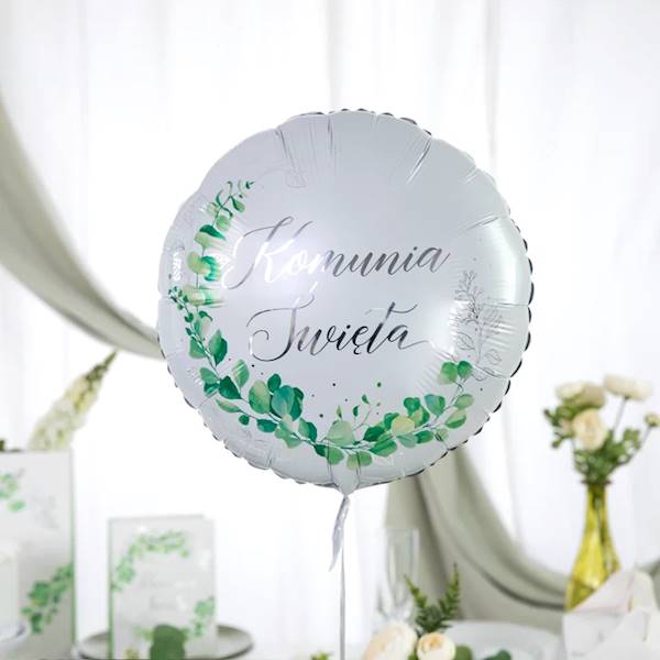 Balon foliowy okrągły Komunia Święta srebrna eukaliptus 131909