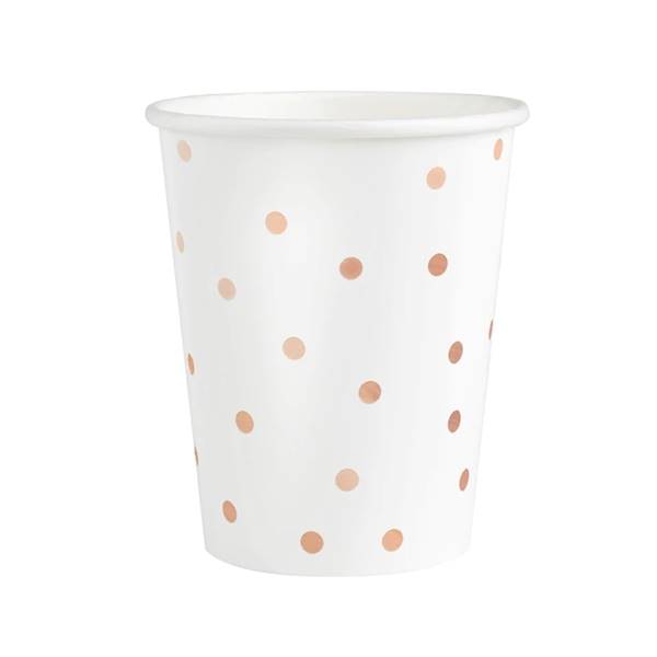 Kubeczki papierowe białe w kropki złoty róż, konfetti 220ml 6szt 512789
