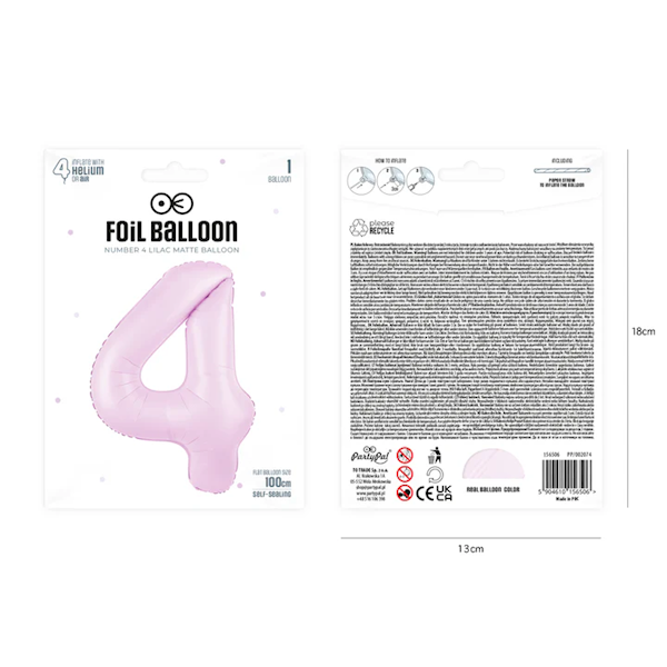Balon foliowy cyfra 4 fioletowa jasna liliowa 100cm 156506