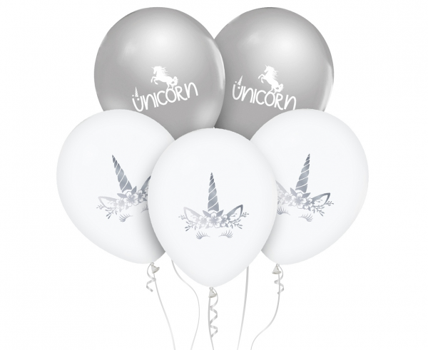 Balony lateksowe Jednorożec biało srebrne 12" 5szt