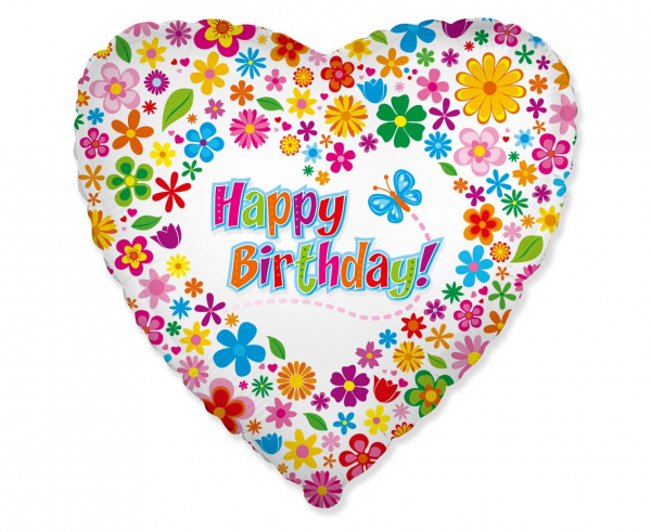 Balon foliowy serce Happy Birthday kwiatki