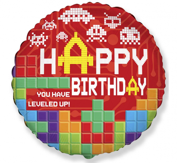 Balon foliowy okrągły Happy Birthday klocki