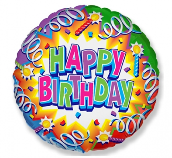 Balon foliowy okrągły Happy Birthday serpentyny