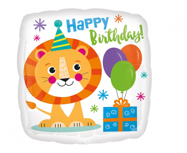 Balon foliowy kwadratowy Happy Birthday lew 