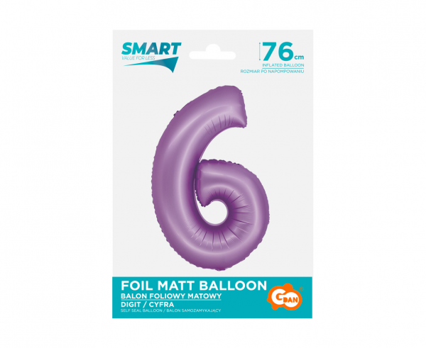 Balon foliowy cyfra 6 76cm fioletowa lawendowa CH-SLW6