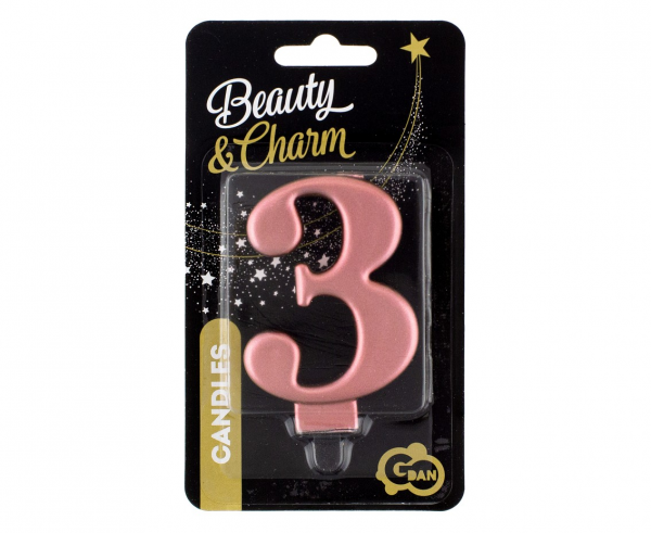 Świeczka cyfra 3 złoty róż metalik 8cm 