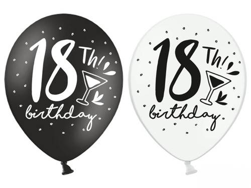 BALON Z NADRUKIEM "18" URODZINY CZARNE I BIAŁE 6SZT SB14P-246-000-6 PARTY DECO