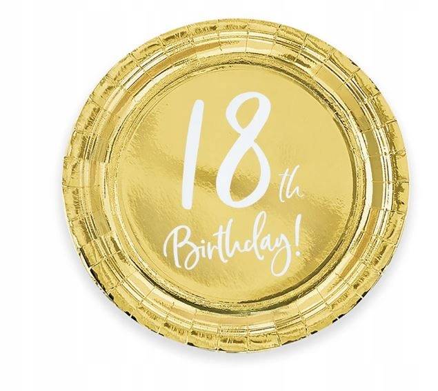 Talerze 18th Birthday złote okrągłe 23cm 6szt 511122