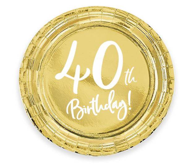 Talerze 40th Birthday złote okrągłe 18cm 6szt 511127