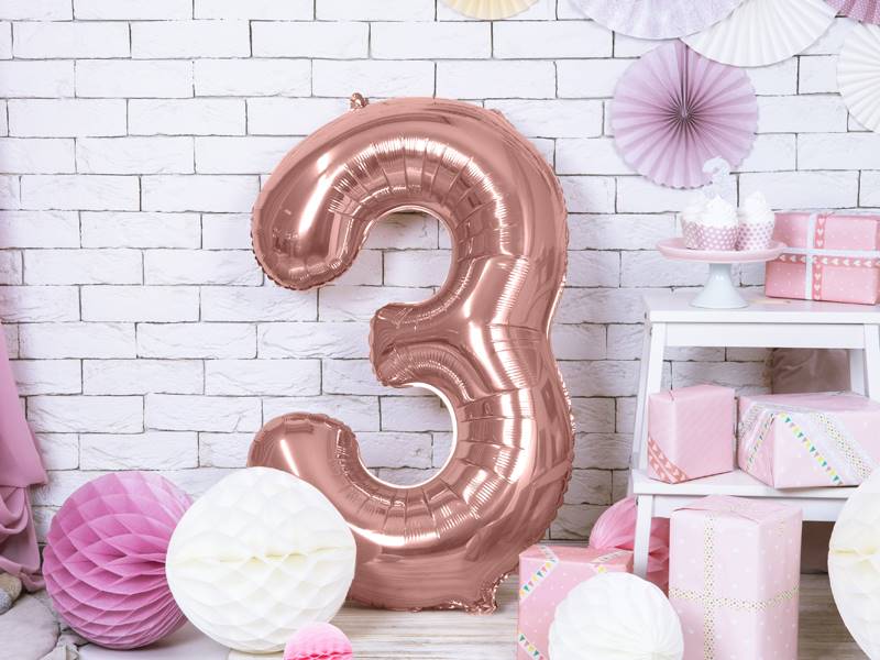 BALON FOLIOWY CYFRA 3 ZŁOTY RÓŻ PARTY DECO FB1M-3-019R 