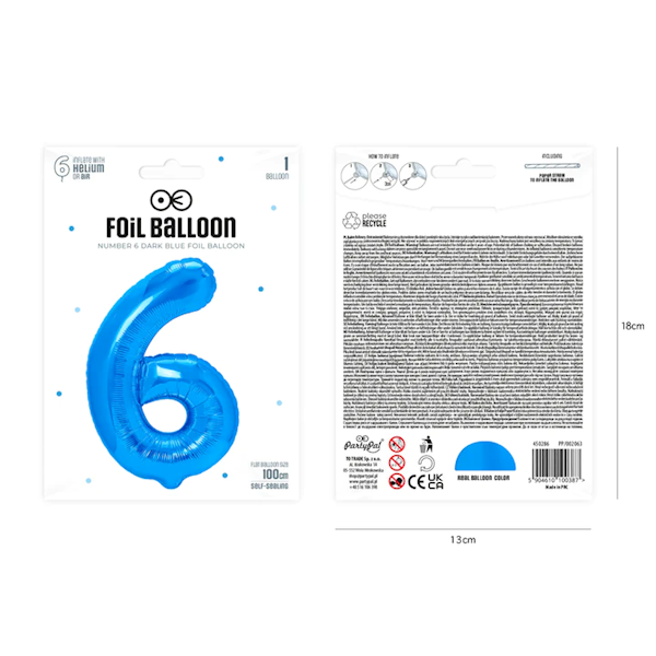 Balon foliowy cyfra 6 niebieska 100cm 450286