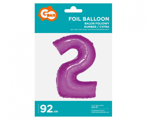 BALON FOLIOWY CYFRA 2 RÓŻOWA 92CM GODAN 