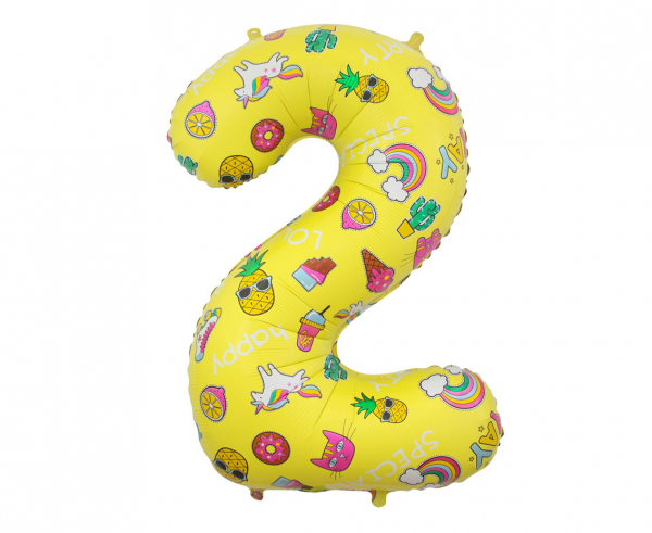 Balon foliowy cyfra 2 - 78 cm żółty dekorowany Party YEY