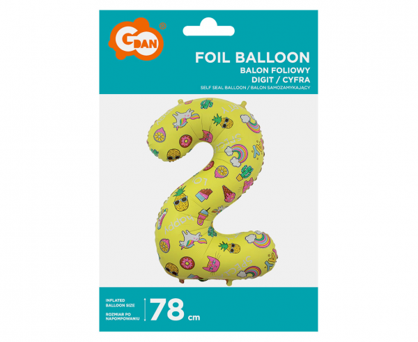 Balon foliowy cyfra 2 - 78 cm żółty dekorowany Party YEY