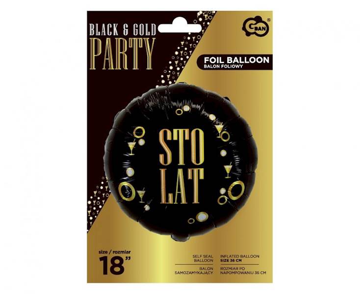 Balon foliowy okrągły Sto Lat czarny - złoty 18"