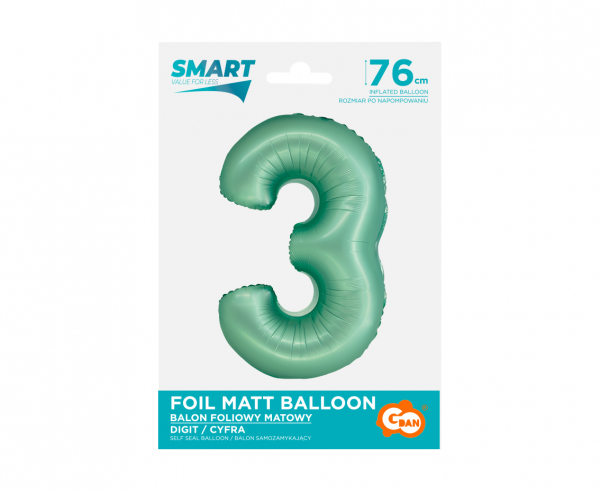 Balon foliowy cyfra 3 76cm miętowa matowa CH-SMT3