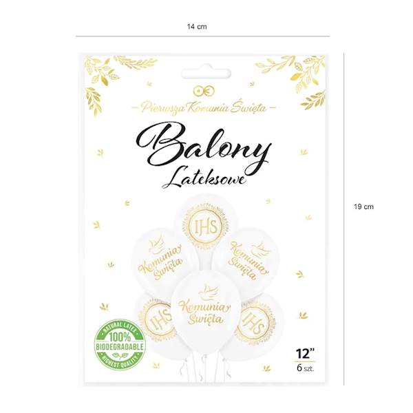 Balony lateksowe 12' Komunia białe 6 szt 127599
