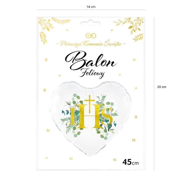 Balon foliowy serce biały Komunia IHS liscie eukaliptusa 45cm 127629