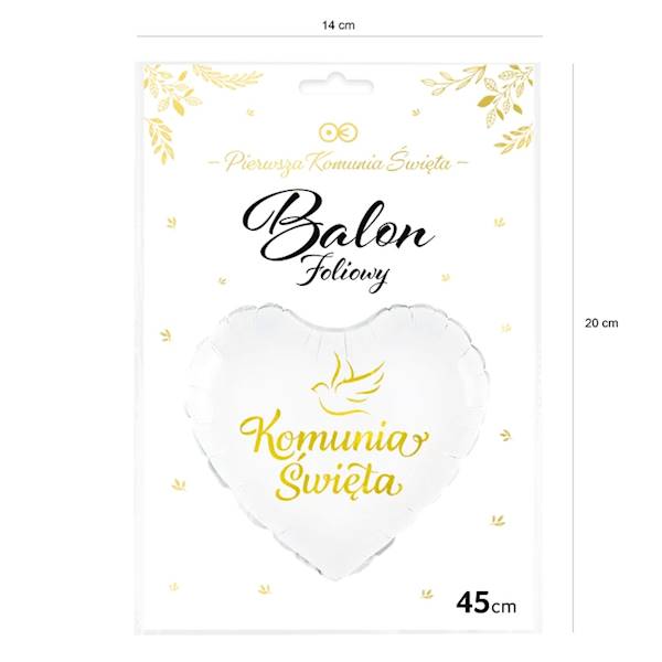 Balon foliowy serce białe Komunia Święta 45cm 127582