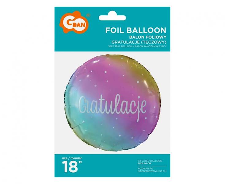 Balon foliowy okrągły Gratulacje tęczowy pastelowy 18" 46cm 