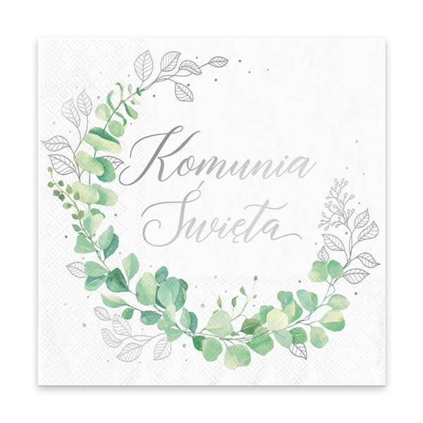 Serwetki Komunia Święta srebrny nadruk eukaliptus 33x33cm 10szt 131879 
