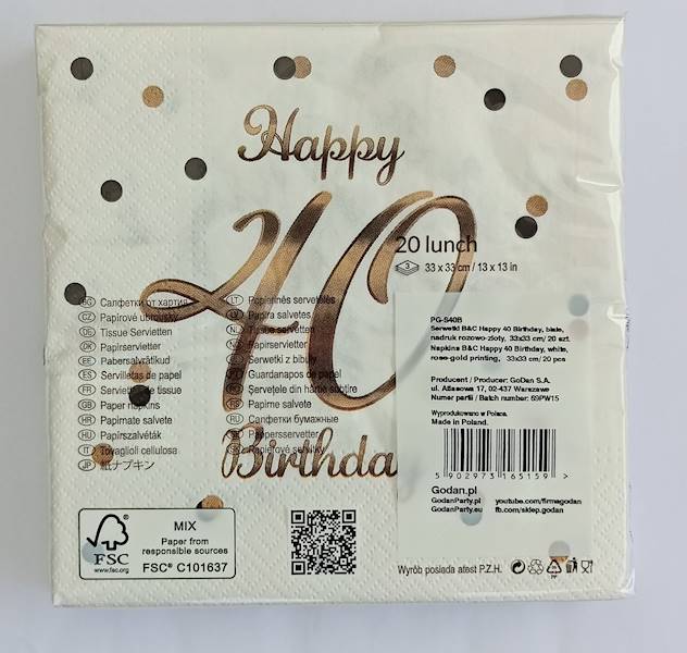 Serwetki Happy 40 Birthday białe 33x33cm 20szt