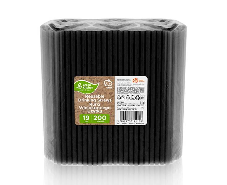 Słomki plastikowe wielokrotnego użytku czarne 19cm 200szt