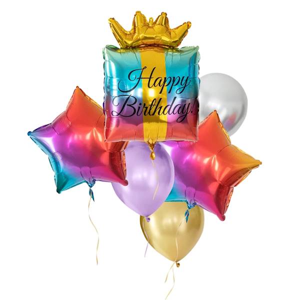 Zestaw balonów Happy Birthday tęczowe 1x prezent  49x71, gwiazdka 2x45cm i 3 lateksowe 12' 128169