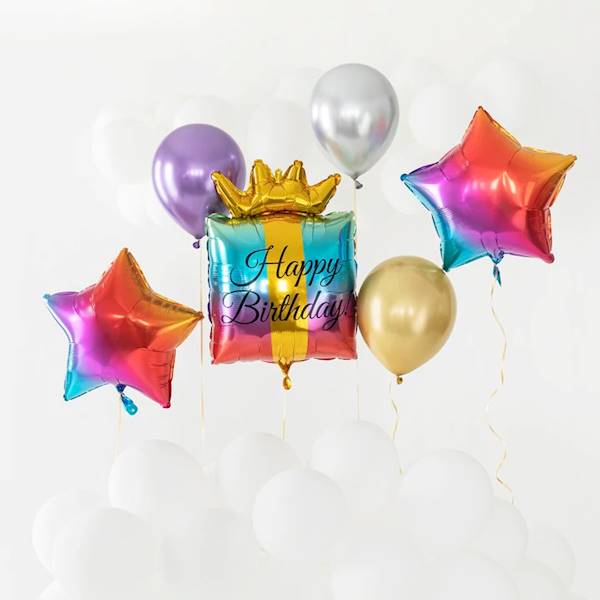 Zestaw balonów Happy Birthday tęczowe 1x prezent  49x71, gwiazdka 2x45cm i 3 lateksowe 12' 128169