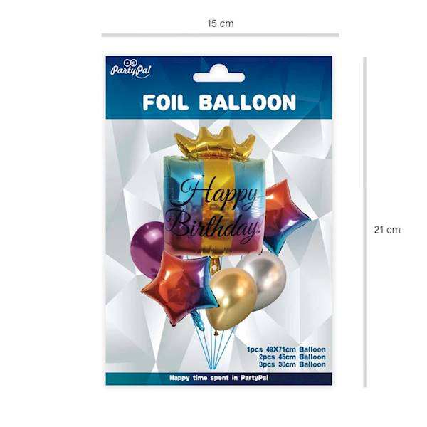 Zestaw balonów Happy Birthday tęczowe 1x prezent  49x71, gwiazdka 2x45cm i 3 lateksowe 12' 128169