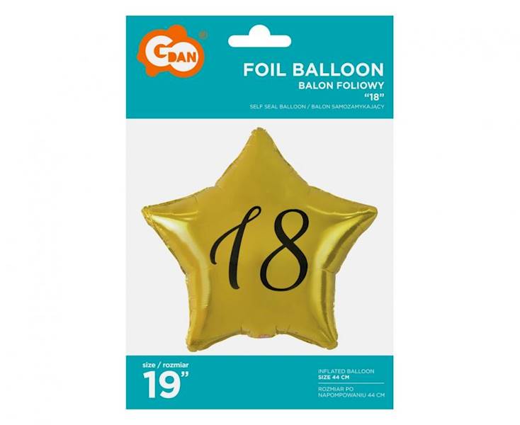 Balon foliowy Gwiazdka Złota18 czarny napis 19" 48cm