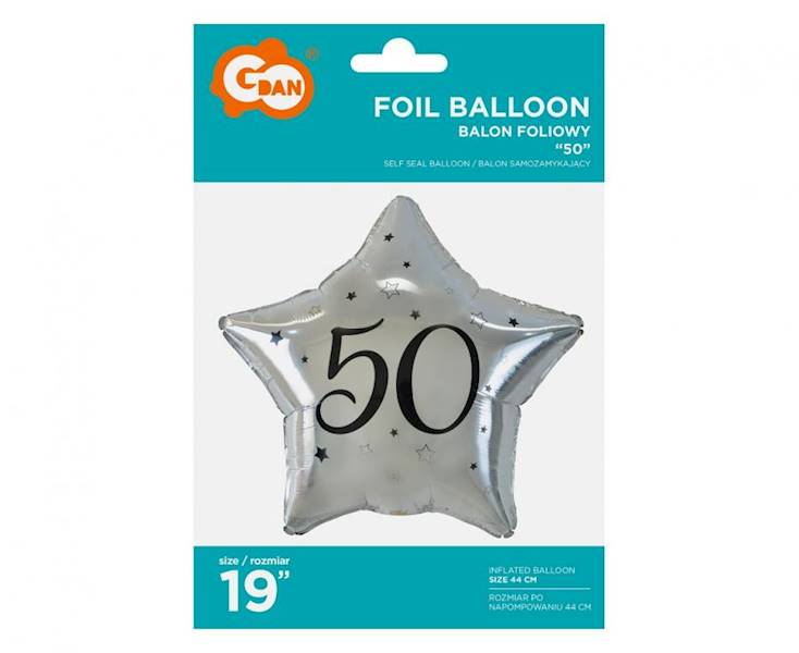 Balon foliowy Gwiazdka Srebrna 50 czarny napis 19" 48cm