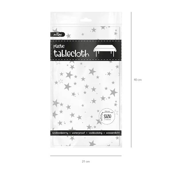 Obrus biały w gwiazdki srebrne, plastikowy 137x274cm 512297