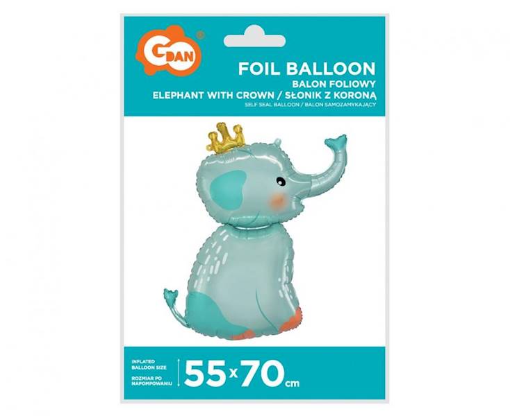 Balon foliowy słonik niebieski z koroną 55x70