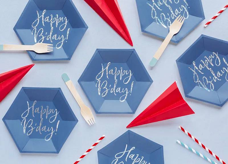 Talerzyki papierowe Happy Birthday niebieskie 20cm 6szt