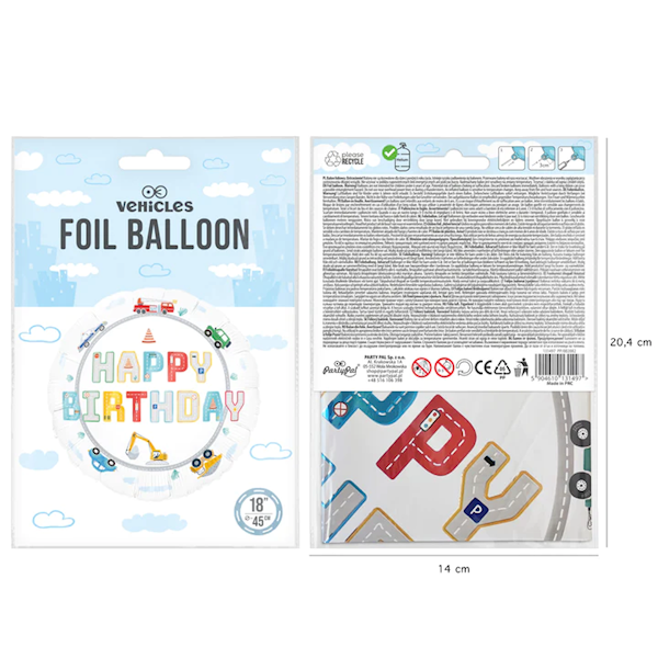 Balon foliowy okrągły Happy Birthday Pojazdy 45cm 131497